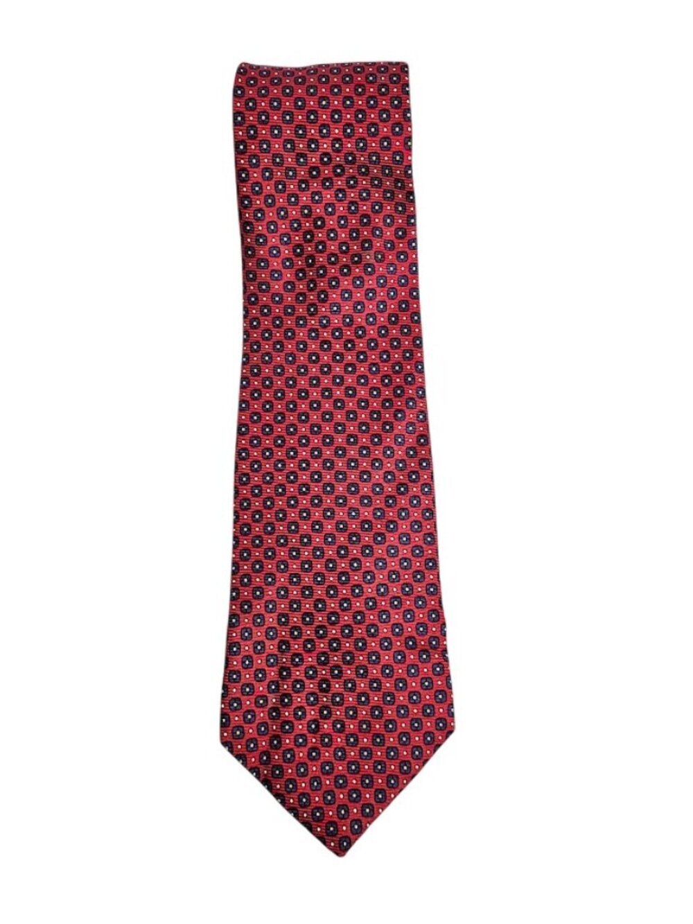 LAUREN RALPH LAUREN 100% Silk Tie Necktie RED with BLUE & GOLD Geometric 57"